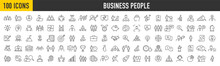 Set Of 100 Teamwork Icons In Line Style. Team, Business People, Human Resources, Collaboration, Research, Meeting, Partnership, Support, Businessman. Collection. Vector Illustration.