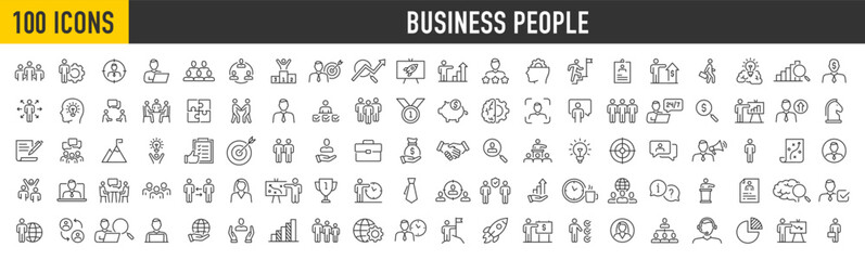set of 100 teamwork icons in line style. team, business people, human resources, collaboration, rese