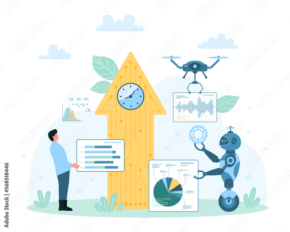 Economic growth with AI management vector illustration. Cartoon tiny ...