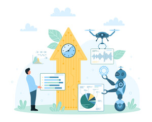 Economic growth with AI management vector illustration. Cartoon tiny man, robot and drone work on automated digital analysis of stock market pie charts near big arrow up with circuit and clock