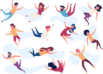 Sticker - Flying characters. Happy dreaming people falling in action poses exact vector pictures collection