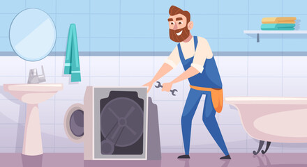 Sticker - Plumber background. In home interior working craftsman fixing problems with plumber appliance exact vector illustrations