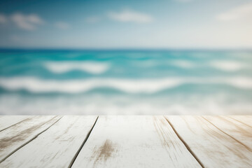 empty wooden table with blurry background of ocean, ai generated