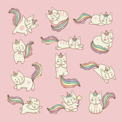 Wall Mural - Cat unicorn. Cute little domestic fantasy animals kawaii stylized cats recent vector cartoon characters