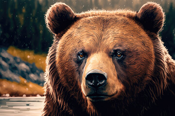 Canvas Print - Beautiful close up of a serious brown bear. Generative AI