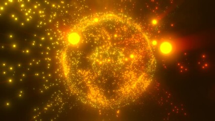 Wall Mural - abstract round yellow orange sphere light bright glowing from energy rays and magic waves from parti