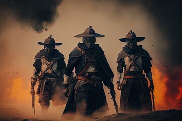 Wall Mural - A group of masked musketeers on the battlefield with fire and smoke. Generative AI.