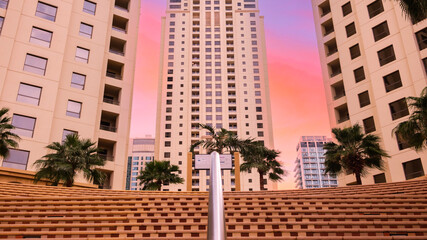 Luxury Dubai Marina skyscrapers on sunset sunrise