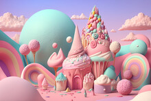 Candyland Houses Made From Marshmallow And Sweets. 3D Render, Generative Ai.