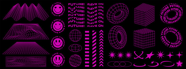 Wall Mural - rave psychedelic retro futuristic set in y2k-00s style. surreal geometric shapes, abstract backgroun