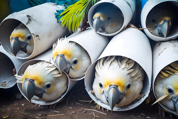 Cockatoo parrots are hidden in exotic beauty animal smuggling tubes. Danger to life, threat of death. Tropical birds smuggling law violation concept. Generative AI technology.