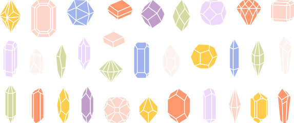 Sticker - Diamonds icons, colorful diamond, gemstone. Decorative brilliants, pastel colors gems collection. Jewelry elements, isolated vector magic stones