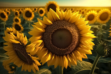 Wall Mural - Close-up of sunflowers growing on field. Field of blooming sunflowers. Big golden sunflower field in the countryside. Sunflower in the fields with sunlight in sunset. generative AI