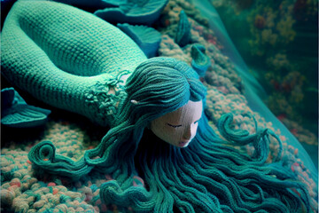 Wall Mural - knitted mermaid in aquarium