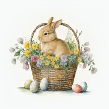 Happy Easter Cute Bunny In Basket With Spring Flowers And Easter Eggs, Watercolor Generative AI Illustration