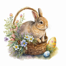 Happy Easter Watercolor Bunny In Basket With Spring Flowers And Easter Eggs, Generative AI Illustration