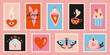Set of cute hand-drawn post stamps with Valentines Day, Love theme attributes like heart, candle, cupcake. Trendy vector illustartions in Cartoon style.