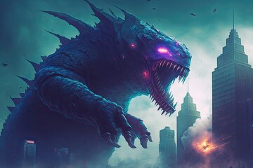 Wall Mural - A giant space monster attacking a futuristic city, digital art style, illustration painting generative ai