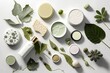 A top view of a collection of organic skincare products arranged on a white stone table. Ideal for promoting natural and chemical-free skincare generative ai