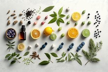 A Top View Of A Collection Of Essential Oils Arranged On A White Stone Table. Ideal For Promoting Aromatherapy And Natural Remedies  Generative Ai