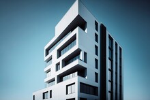 Elegant And Modern Apartment Building With A Minimalist Design, Set Against A Clear Blue Sky Generative Ai