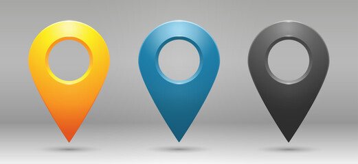 Realistic geolocation icons in yellow, blue and gray on a gradient background. A set of three pin-code icons of the geolocation map. Vector EPS 10.