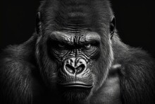 Portrait Face Powerful Dominant Male Gorilla On Black Background, Beautiful Portrait Of A Gorilla. Severe Silverback, Anthropoid Ape, Stern Face. Isolated Black Background,Generative AI

