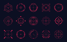 Red Dot Sights. Weapon Aim Hud Crosshairs Sniper Accuracy, Circle Goal Thermal Telescope, Bullseye Gun Scopes Rifle Sighting, Sport Military Shooting Dots Mark Vector Illustration