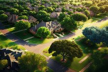 From Above Flower Mound, Texas, A Residential Area Surrounded By Mature Trees And Grassland. Upscale Single Family Houses With A Huge Garden And Beautiful Green Dallas Suburbs. Generative AI