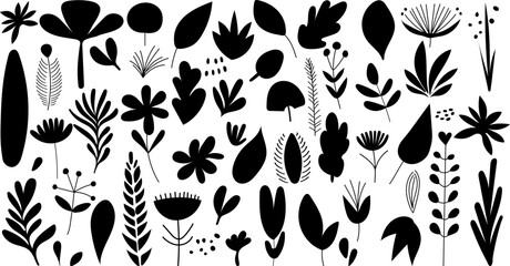 Wall Mural - collection of plants, flowers, leaves set silhouette isolated, vector