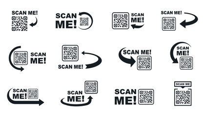 QR code scan for smartphone. Qr code frame vector set. Template scan me Qr code for smartphone. QR code for mobile app, payment and phone. Scan me phone tag. Vector illustration.