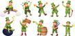 Leprechaun patrick characters. Leprechauns party, irish gnome saint patron ireland holiday day cute st dwarf dab move elf with bagpipe beer or rainbow ingenious vector illustration