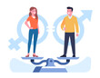 Gender equality between men and women. People standing on weight scales. Equal rights or discrimination. Opportunities comparison. Feminine and masculine equilibrium. Vector concept