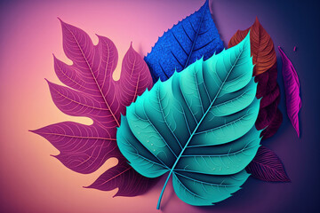 Sticker - Beautiful leaves with a natural macro texture and blue, purple, and pink tones. Lay flat. Generative AI