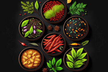 Wall Mural - Set of colored spices in bowls and herbs on a black stone background. View from above. Top view. Generative AI