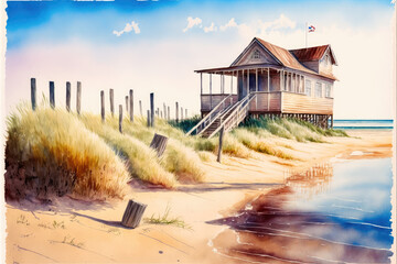 Watercolor of a Summer House on a Sandy Seashore