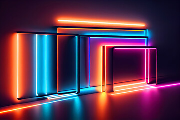 Rays of neon light on a neon wall . An empty stage. Copying space. generated AI