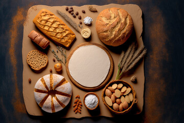 Poster - Golden rustic bread and bun crusts in a bakery against a background of a white chalkboard. A variety of baked goods are arranged on a table in a still life shot taken from above (top view, flat lay