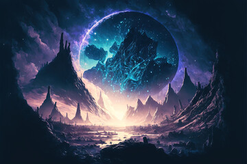 Purple and blue nebula with stars. Fantasy galaxy generative AI background