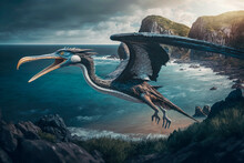 Dinosaur: Giant Quetzalcoatlus Gliding Over A Coastal Landscape, Generative AI