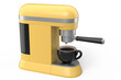 Espresso coffee machine with a horn and ceramic coffee cup on white background.