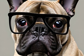 Portrait of a brown French bulldog, wearing glasses. Close up. generative AI.