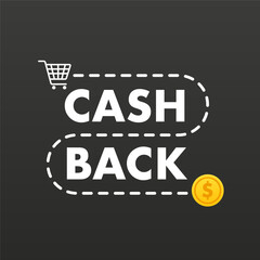 Cashback loyalty program concept. Shopping cart and gold coin. Cash back service, financial payment label. Refund money service design. Bonus cash back. On a black background. Vector illustration