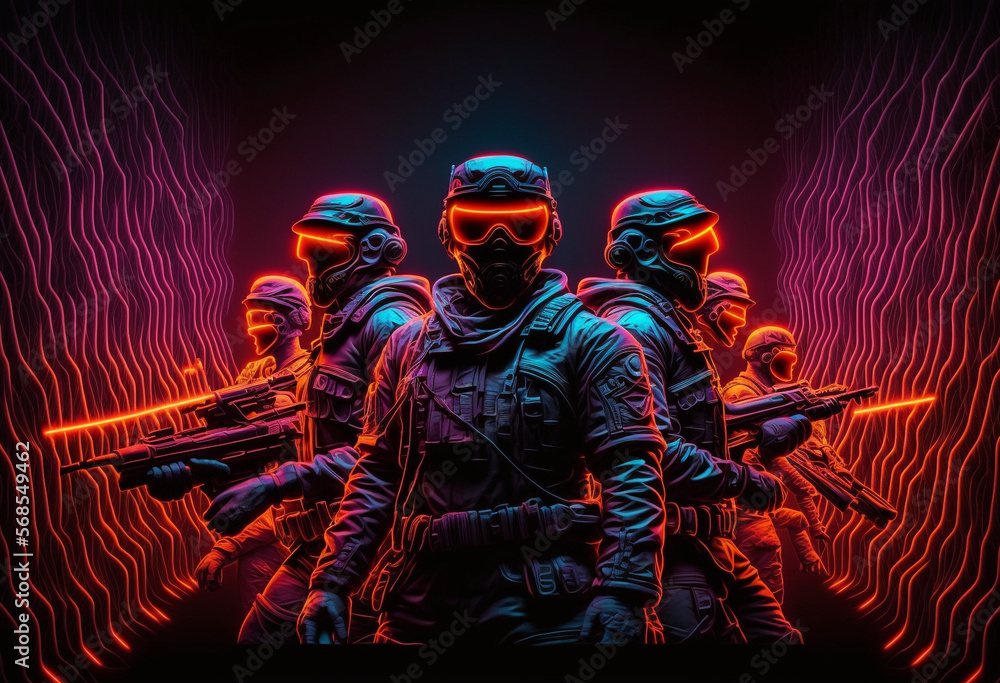Ilustrace AI-Generated 3D Render of a Neon Warzone: Brave Soldiers in ...