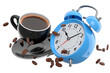 Vintage alarm clock with ceramic coffee cup on white background.