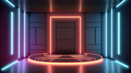 Wall Mural - Empty stage and neon lines in the dark room 3D rendering.