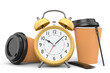 Vintage alarm clock with paper coffee cup on white background.