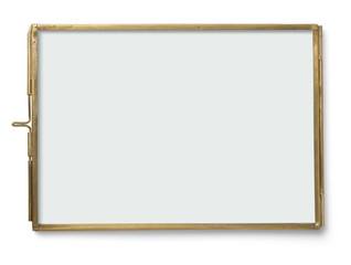 contemporary brass frame with glass on both sides for photos, flat objects like pressed flowers or other memories, isolated over a transparent background, great as design element for wedding flatlays