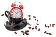 Vintage alarm clock with ceramic coffee cup on white background.