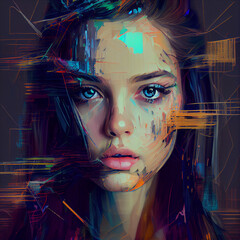 Wall Mural - Abstract portrait of woman with glitch effect illustration, Generative AI